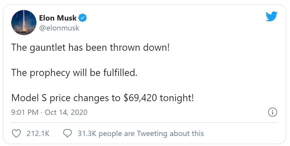 Elon Musk tweetje a Tesla Model S árváltozásáról