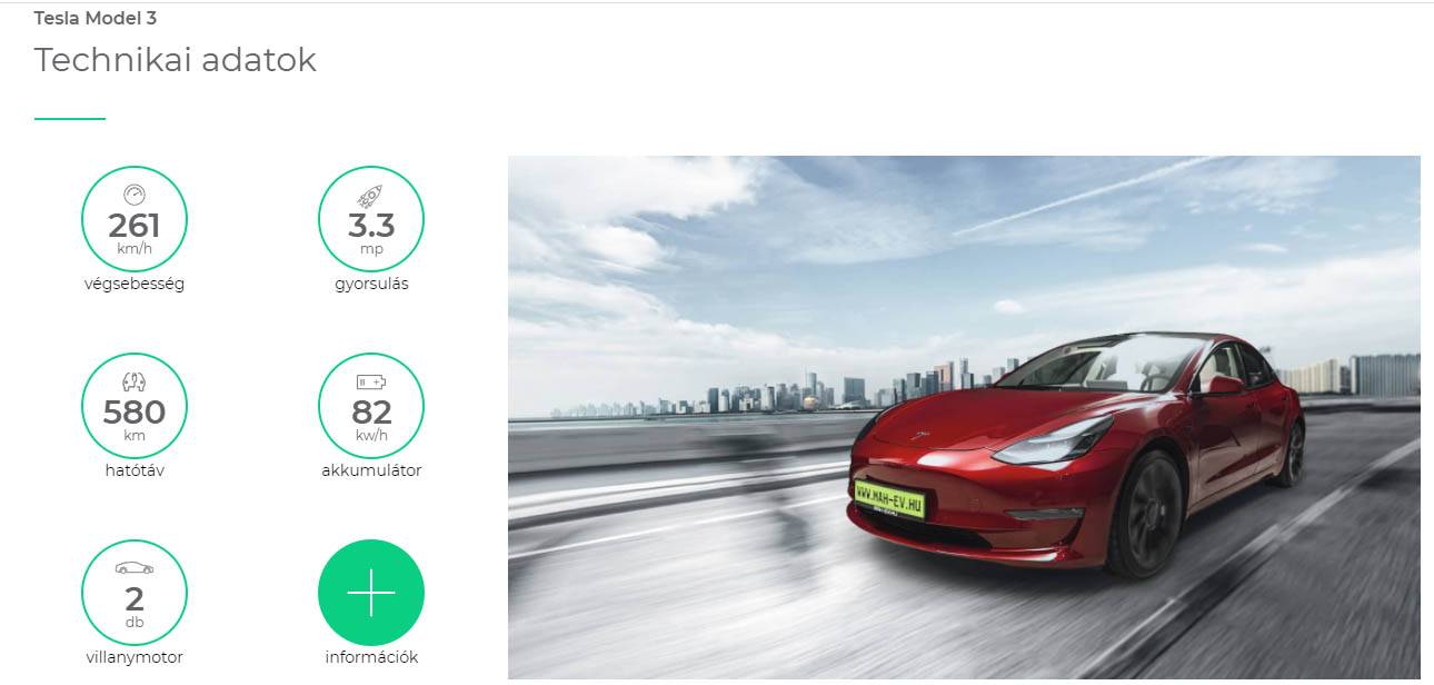 a Tesla Model 3 technikai paraméterei a MAH-EV.hu online konfigurátorában