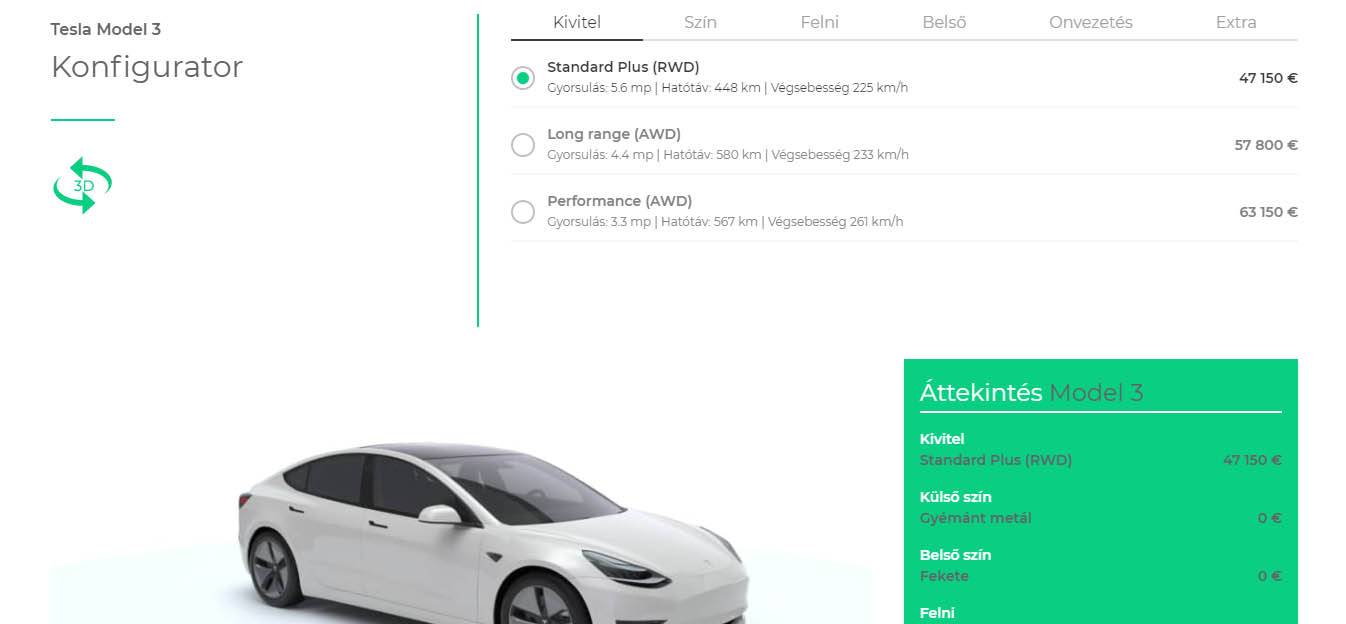 Tesla Model 3 online konfigurátor a MAH-EV.hu weboldalán