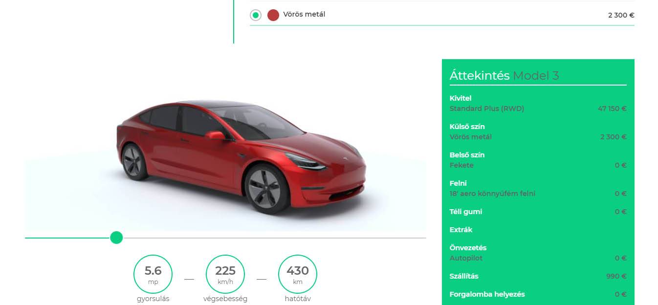 piros Tesla Model 3 3D-s képe a MAH-EV.hu online konfigurátorában